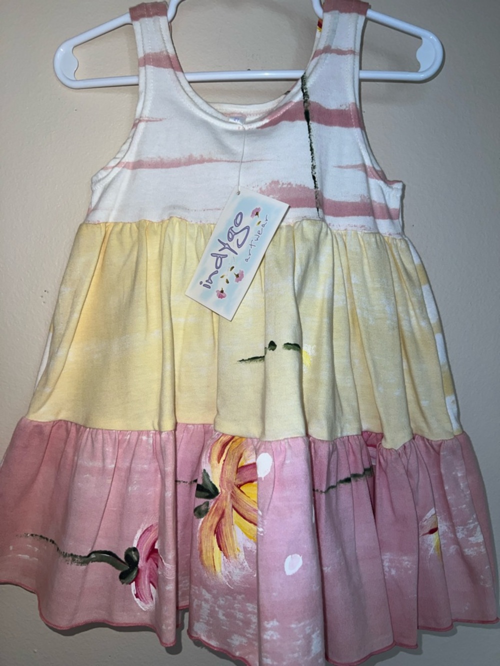 Vintage Indigo Artwear Dress Pink,Yellow & White Hand Painted Floral Dress